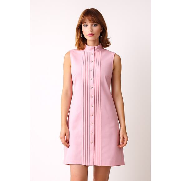 1960s Bleeker Street Pink Pintuck Mod Shift Dress high neck sleeveless medium - Picture 1 of 10